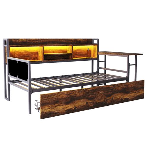 Lit Enfant 90x200 Cm Avec LED, Tiroir, Bureau Pliant Et Prise, Rangement Pratique