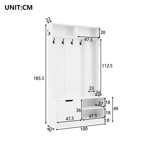 Vestiaire D’entrée Blanc Avec Porte-manteau, Banc, Rangement Et Meuble à Chaussures Rabattable
