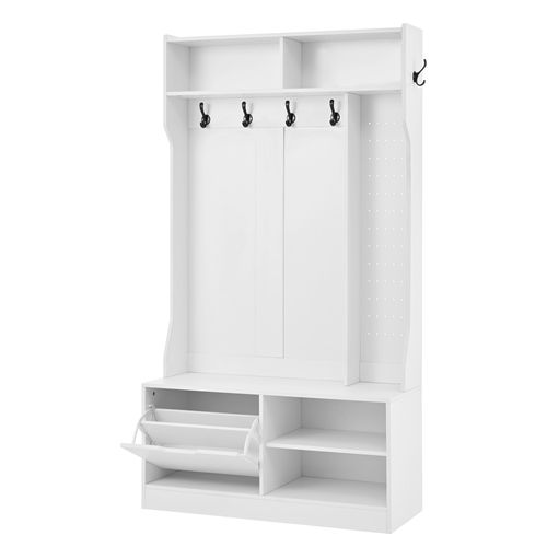 Vestiaire D’entrée Blanc Avec Porte-manteau, Banc, Rangement Et Meuble à Chaussures Rabattable