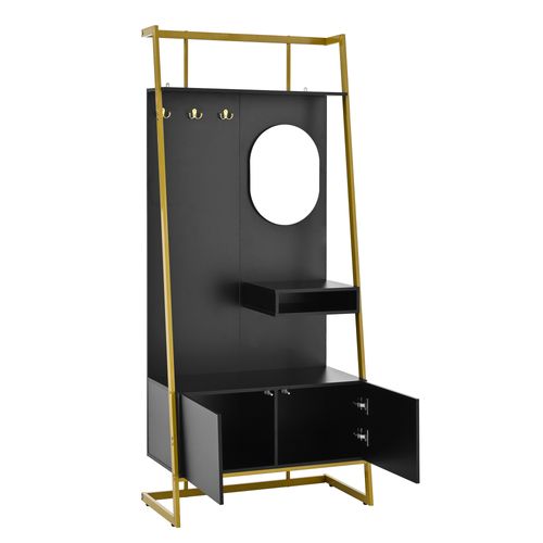 Meuble D’entrée, Vestiaire Compact Noir Avec Miroir, Crochets, Étagères Et Armoire à Chaussures