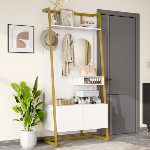 Meuble D’entrée, Vestiaire Compact Blanc Avec Miroir, Crochets, Étagères Et Armoire à Chaussures