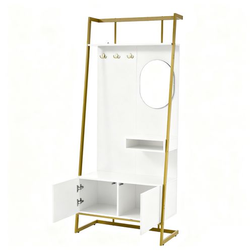 Meuble D’entrée, Vestiaire Compact Blanc Avec Miroir, Crochets, Étagères Et Armoire à Chaussures