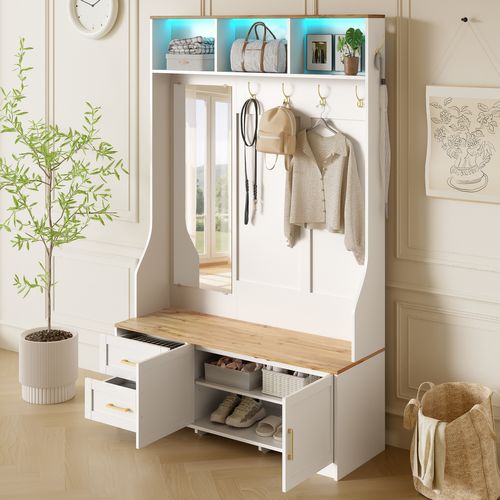 Vestiaire D’entrée LED Avec Miroir, Crochets, Banc, 2 Tiroirs Et 2 Portes, Grand Rangement, Blanc