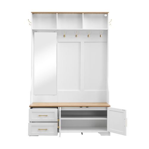 Vestiaire D’entrée LED Avec Miroir, Crochets, Banc, 2 Tiroirs Et 2 Portes, Grand Rangement, Blanc