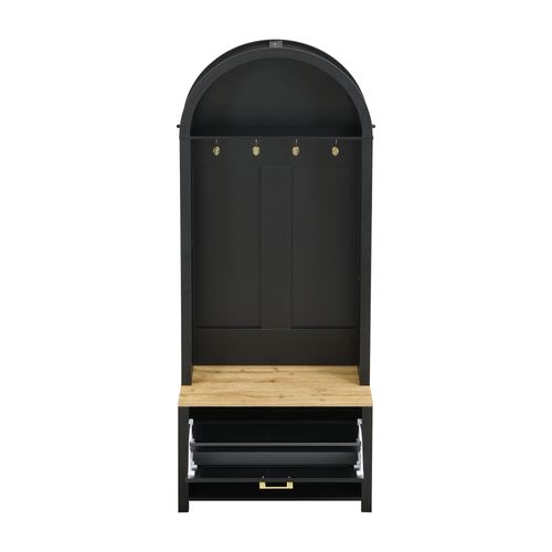 Vestiaire, Armoire D’entrée Noire H.195 Cm Avec Crochets, Étagère Et Rangement Chaussures