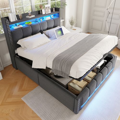 Lit Coffre 140x200cm, Lit Adulte, Prise USB, 1 Compartiment, LED, Tête De Lit, Métal, Mdf, Gris