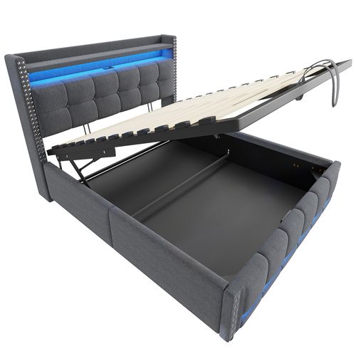 Lit Coffre 140x200cm, Lit Adulte, Prise USB, 1 Compartiment, LED, Tête De Lit, Métal, Mdf, Gris