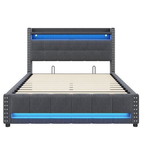 Lit Coffre 140x200cm, Lit Adulte, Prise USB, 1 Compartiment, LED, Tête De Lit, Métal, Mdf, Gris