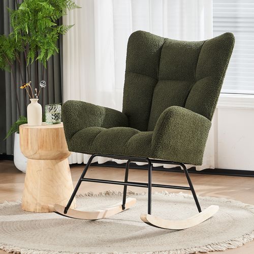 Fauteuil Rocking-chair 95.7x61.4x90.9cm, Fauteuil à Bascule, Dossier Haut, Accoudoirs, Teddy Vert