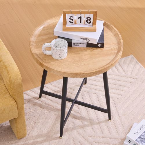 Table Basse Ronde 55x55x60cm, 2-en-1, Patins Antidérapants De Pieds Mdf, Métal, Couleur Bois Et Noir