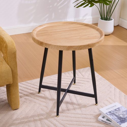 Table Basse Ronde 55x55x60cm, 2-en-1, Patins Antidérapants De Pieds Mdf, Métal, Couleur Bois Et Noir