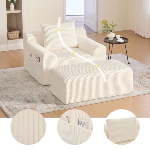 Fauteuil 147x110x67cm, Repose-pied, Base à Ressort, Poche Latéral, Assise, Velours Côtelé Beige