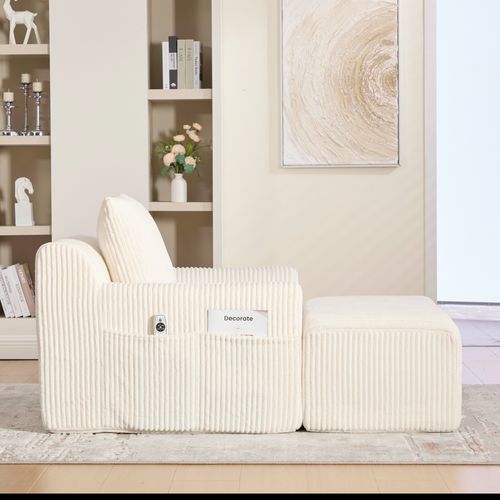 Fauteuil 147x110x67cm, Repose-pied, Base à Ressort, Poche Latéral, Assise, Velours Côtelé Beige