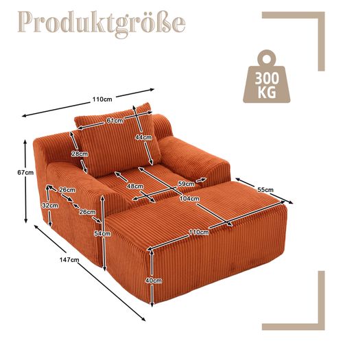 Fauteuil 147x110x67cm, Repose-pied, Base à Ressort, Poches Latérals, Velours Côtelé, Orange