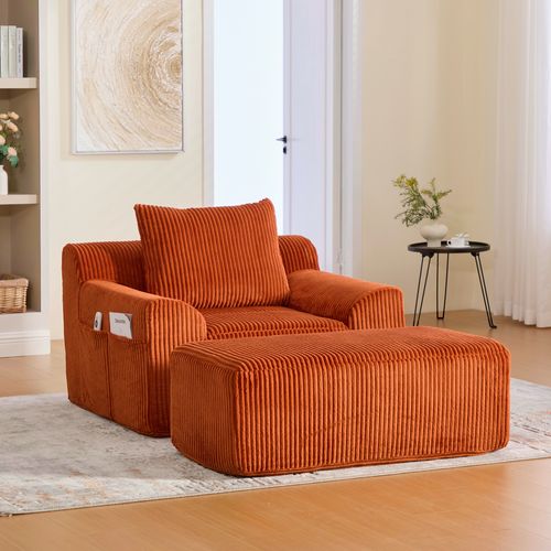 Fauteuil 147x110x67cm, Repose-pied, Base à Ressort, Poches Latérals, Velours Côtelé, Orange