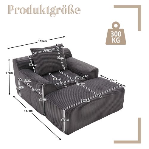 Fauteuil 147x110x67cm, Repose-pied, Poches, Assise, Base à Ressort, Velours Côtelé Gris Foncé