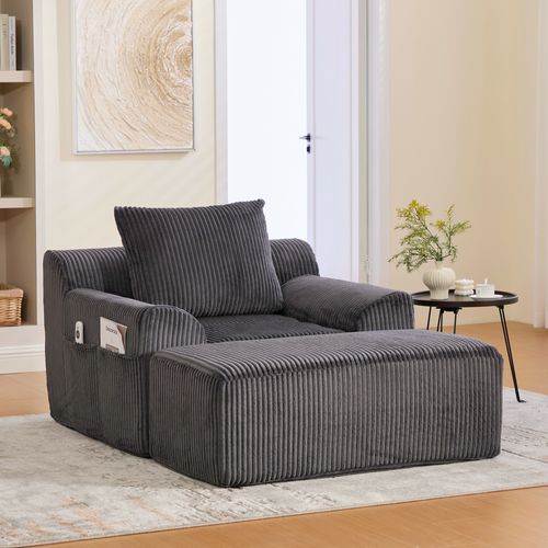 Fauteuil 147x110x67cm, Repose-pied, Poches, Assise, Base à Ressort, Velours Côtelé Gris Foncé