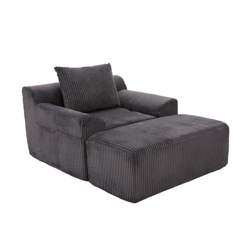Fauteuil 147x110x67cm, Repose-pied, Poches, Assise, Base à Ressort, Velours Côtelé Gris Foncé