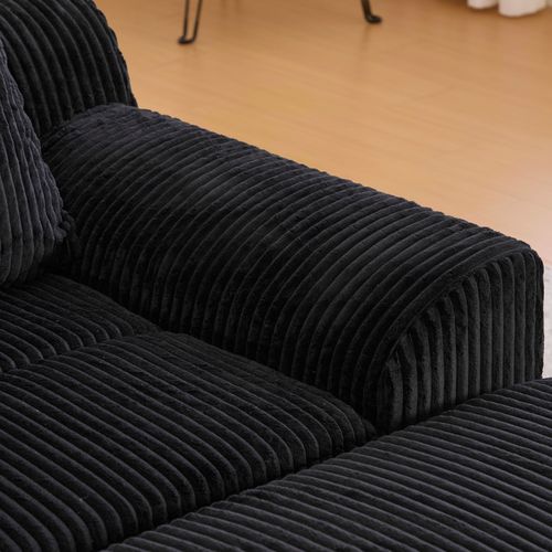 Fauteuil 147x110x67cm, Repose-pieds, Base à Ressort, Poche Latéral, Assise, Velours Côtelé Noir