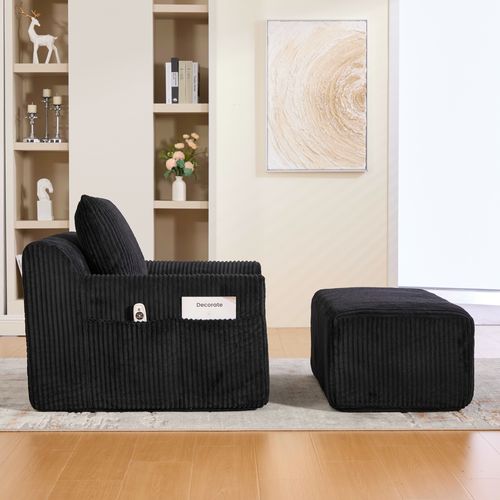 Fauteuil 147x110x67cm, Repose-pieds, Base à Ressort, Poche Latéral, Assise, Velours Côtelé Noir