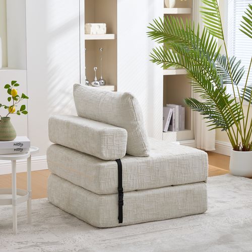 Fauteuil Paresseux Convertible 79x79x57cm, Dossier Et Coussins, Design Pliable, Chenille, Beige