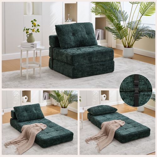 Fauteuil Paresseux Convertible 79x79x57cm, 2 En 1, Dossier Et Coussins Ergonomiques, Chenille, Vert