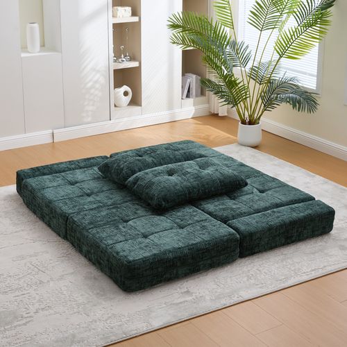 Fauteuil Paresseux Convertible 79x79x57cm, 2 En 1, Dossier Et Coussins Ergonomiques, Chenille, Vert