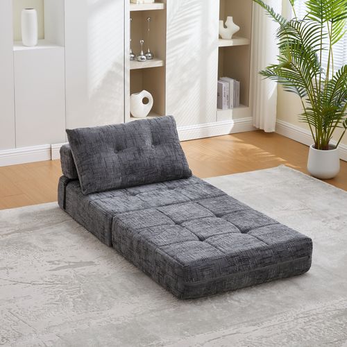 Fauteuil Paresseux Convertible 79x79x57cm, 2 En 1, Dossier Et Coussins, Mousse, Chenille, Gris