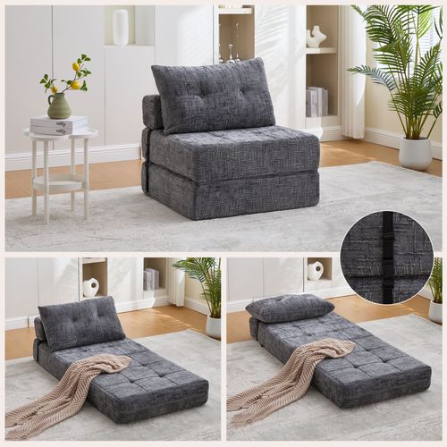 Fauteuil Paresseux Convertible 79x79x57cm, 2 En 1, Dossier Et Coussins, Mousse, Chenille, Gris