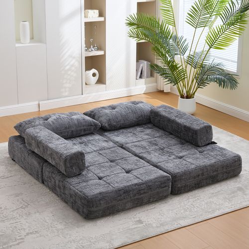 Fauteuil Paresseux Convertible 79x79x57cm, 2 En 1, Dossier Et Coussins, Mousse, Chenille, Gris