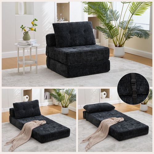 Fauteuil Convertible 79x79x57cm, 2 En 1, Dossier Et Coussins Doux, Mousse, Chenille, Noir