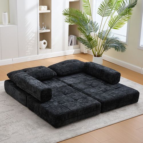 Fauteuil Convertible 79x79x57cm, 2 En 1, Dossier Et Coussins Doux, Mousse, Chenille, Noir