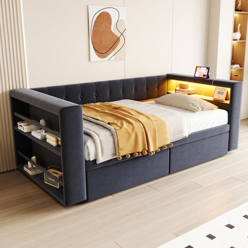 Lit Enfant 90×190 Cm, Canapé-lit, LED, 2 Tiroirs, Espace De Rangement, Sommier, Flanelle Gris Foncé