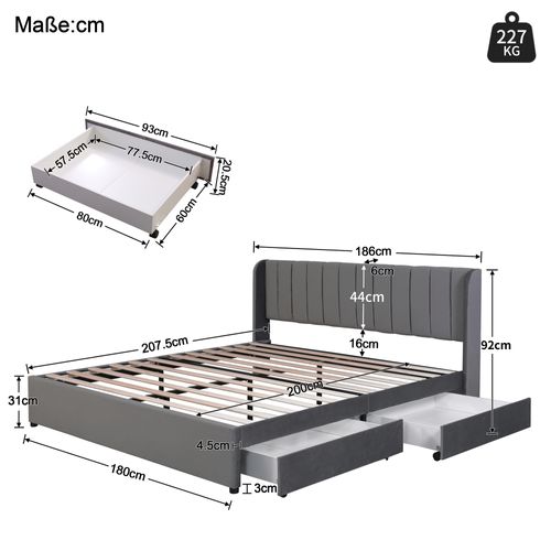 Lit Adulte 180×200 Cm, Lit Double Avec 2 Tiroirs, Tête De Lit Et Sommier, Velours Gris