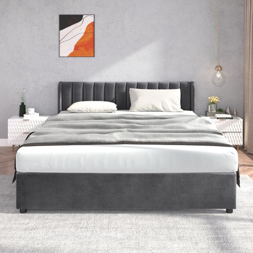 Lit Adulte 180×200 Cm, Lit Double Avec 2 Tiroirs, Tête De Lit Et Sommier, Velours Gris