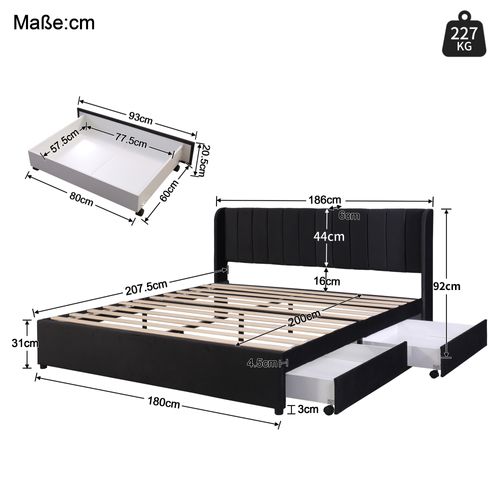 Lit Adulte 180×200 Cm, Lit Double Avec 2 Tiroirs, Tête De Lit Et Sommier, Velours Noir