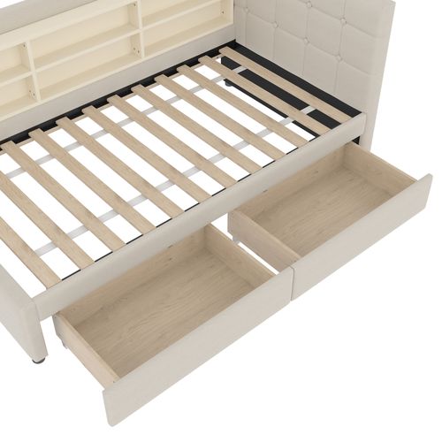 Lit Enfant 90x200 Cm, Canapé-lit Avec 2 Tiroirs, 6 Niches, USB Type-c, Sommier, Lin Beige