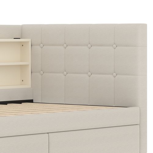 Lit Enfant 90x200 Cm, Canapé-lit Avec 2 Tiroirs, 6 Niches, USB Type-c, Sommier, Lin Beige