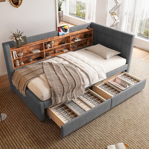 Lit Enfant 90x200 Cm, Canapé-lit Avec 2 Tiroirs, 6 Niches, USB Type-c, Sommier, Lin Gris