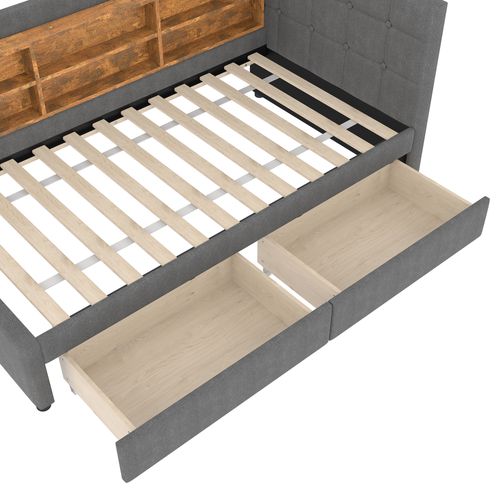 Lit Enfant 90x200 Cm, Canapé-lit Avec 2 Tiroirs, 6 Niches, USB Type-c, Sommier, Lin Gris