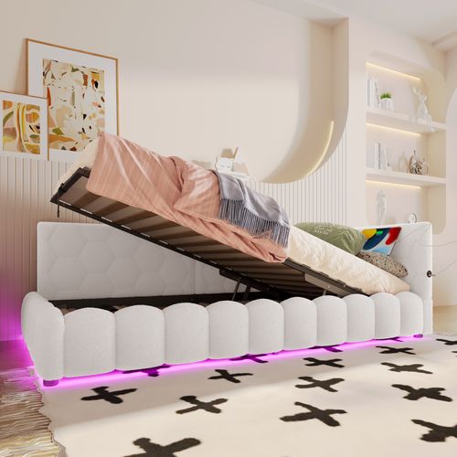Lit Coffre Enfant 90x200 Cm, Canapé-lit Avec LED, USB Type-c, Sommier, Imitation Polaire Blanc
