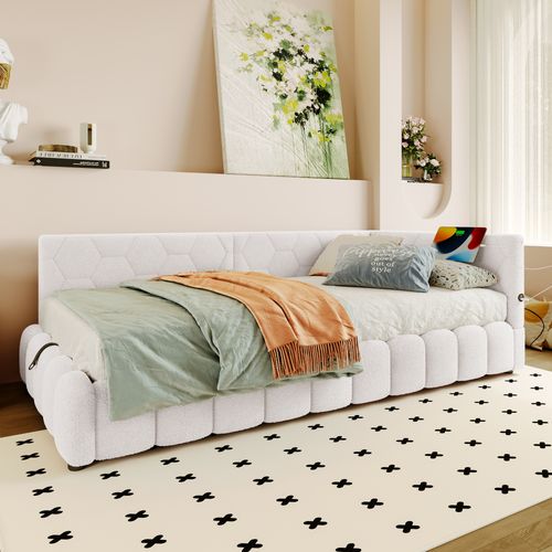 Lit Coffre Enfant 90x200 Cm, Canapé-lit Avec LED, USB Type-c, Sommier, Imitation Polaire Blanc