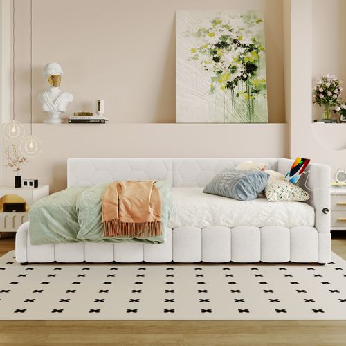 Lit Coffre Enfant 90x200 Cm, Canapé-lit Avec LED, USB Type-c, Sommier, Imitation Polaire Blanc