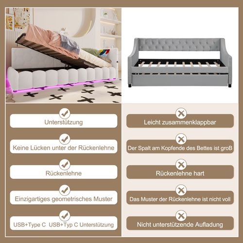 Lit Coffre Enfant 90x200 Cm, Canapé-lit Avec LED, USB Type-c, Sommier, Imitation Polaire Blanc