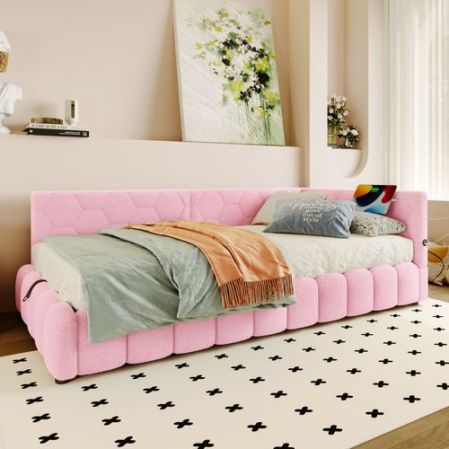 Lit Coffre Enfant 90x200 Cm, Canapé-lit Avec LED, USB Type-c, Sommier, Imitation Polaire Rose