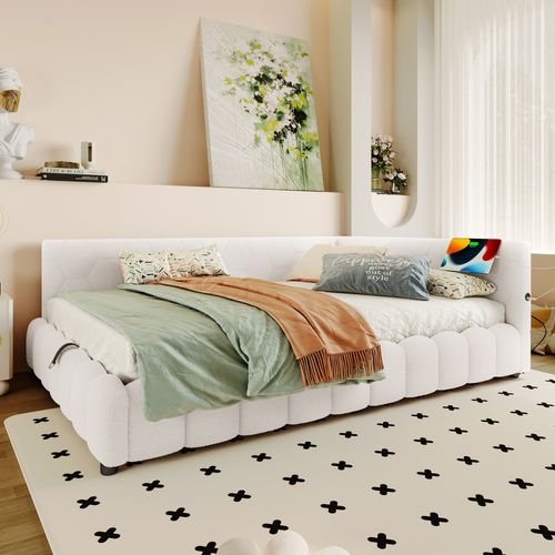 Lit Coffre Enfant 140x200 Cm, Canapé-lit Avec LED, USB Type-c, Sommier, Imitation Polaire Blanc