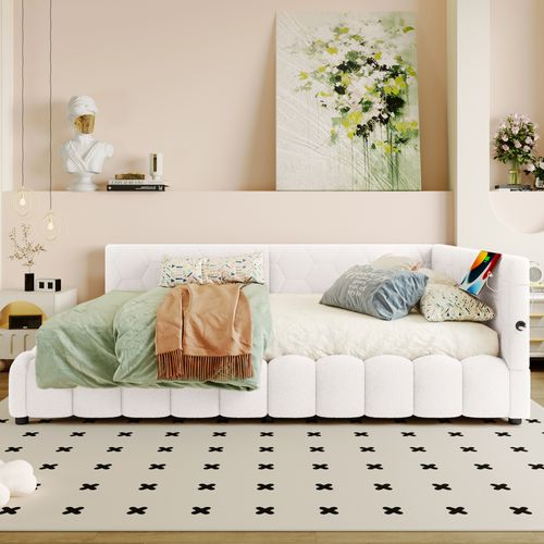 Lit Coffre Enfant 140x200 Cm, Canapé-lit Avec LED, USB Type-c, Sommier, Imitation Polaire Blanc