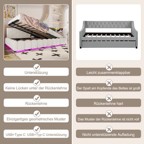 Lit Coffre Enfant 140x200 Cm, Canapé-lit Avec LED, USB Type-c, Sommier, Imitation Polaire Blanc