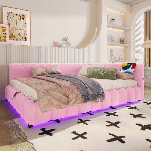 Lit Coffre Enfant 140x200 Cm, Canapé-lit Avec LED, USB Type-c, Sommier, Imitation Polaire Rose