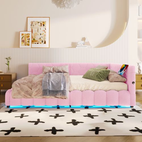 Lit Coffre Enfant 140x200 Cm, Canapé-lit Avec LED, USB Type-c, Sommier, Imitation Polaire Rose